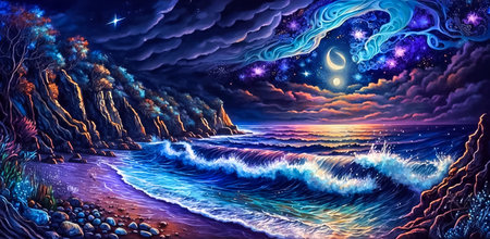 Illustration of a fairytale seascape at night with stars and clouds. Generative ai.の素材