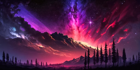 Fantasy landscape with mountains and polar lights in the night sky. Generative ai.の素材