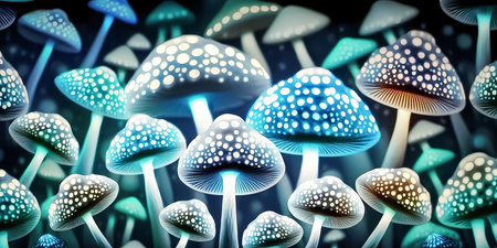 Close-up of a group of poisonous luminescent spotted blue mushrooms. Magic pattern or background. Generative ai.の素材