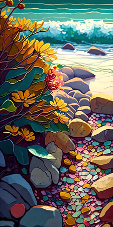 Colorful seascape with pebbles and flowers. Digital painting. Generative ai.の素材