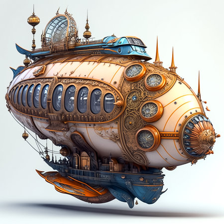Futuristic airship. Illustration of zeppelin, isolated on white background. Generative ai.の素材