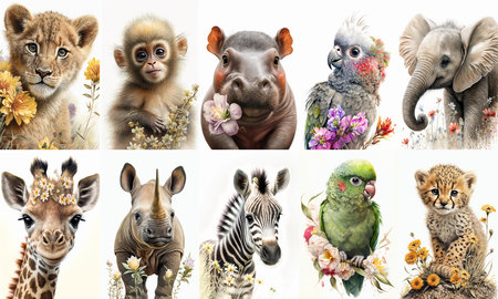 Collection of cute wild african baby animals isolated on white background. Zebra, giraffe, monkey, hippopotamus, parrot. Generative ai.の素材