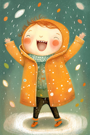 Happy cartoon little girl in a raincoat rejoices in the rain. Illustration for children. Generative ai.の素材