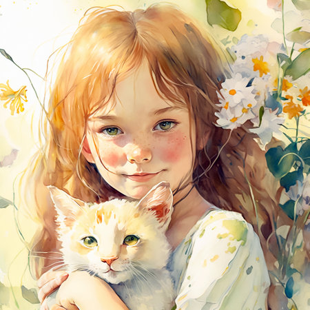 Beautiful little girl with cat in her arms. Digital watercolor painting. Generative AI.の素材