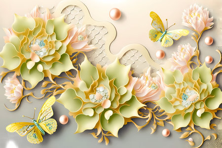 Romantic floral wedding background with butterflies, flowers and pearls. Ornate mural with paper decorative elements, beautiful backdrop. Generative AI.の素材