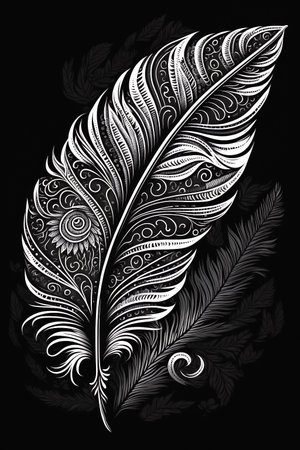 Black and white ornate intricate feather on black background. Dicorative element for your design. Generative AI.の素材