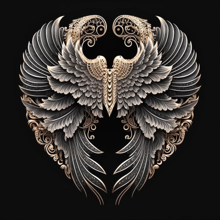 Ornate angel wings, stylized illustration, isolated on black background Generative AI.の素材