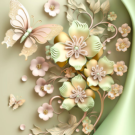 Luxury flowers mural, ornate backdrop for wedding photo album in pastel colors, romantic wallpaper. Generative AI.の素材