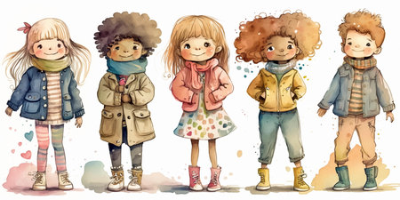 Cute little cartoon kids in winter clothes. Watercolor children, isolated on white. Generative AI.の素材