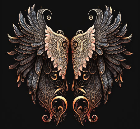 Ornate angel wings on black background, intricate. Decorative illustration for your design. Generative AI.の素材