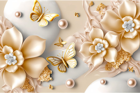 Wedding background with flowers, pearls and butterflies. Luxury wall art with golden decorative elements, ornate mural. Generative AI.の素材