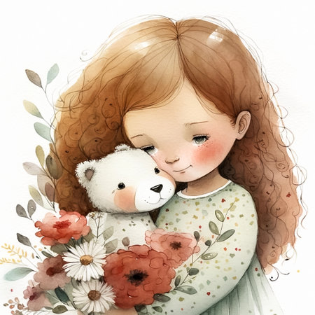 Cute little girl with teddy bear. Digital watercolor illustration. Nursery art. Generative AI.の素材
