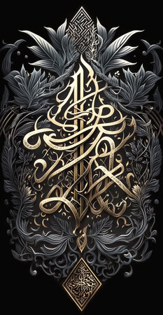 Golden calligraphic pattern. Vertical metalic ornate background. Generative AI.の素材