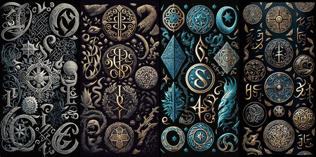 A set of vertical vintage ornate magical runes. Silver, golden and blue ornamental background. Generative AI.の素材