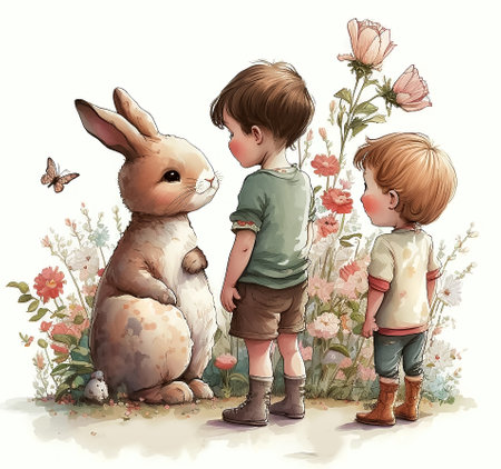 Children with rabbit. Spring illustration with blomming flowers. Watercolor painting, nursery art. Generative ai.の素材