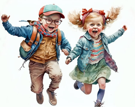 Watercolor digital painting, happy kids running together, funny little boy and girl, isolated on white background, generative aiの素材