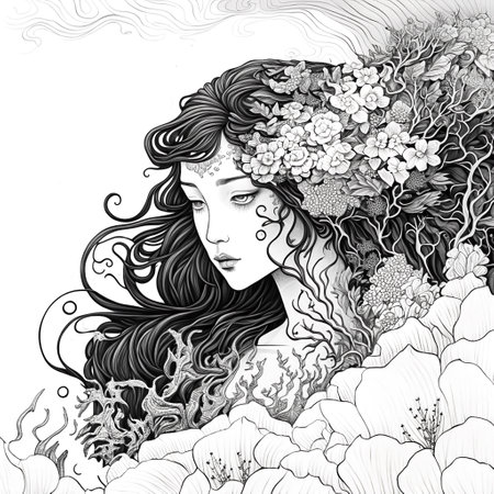 Graphic drawing of a woman, abstract outline printable art, coloring page. Generative ai.の素材