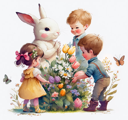 Cute kids with Easter bunny and spring flowers. Watercolor illustration, nursery art. Generative ai.の素材