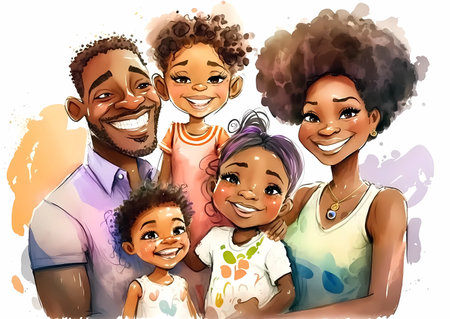 Happy family portrait. Mother, father, daughters and son. Watercolor painting for printing. Generative ai.の素材