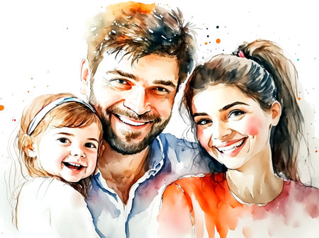 Watercolor illustration of a happy family on a white background. Digital painting. Generative ai.の素材