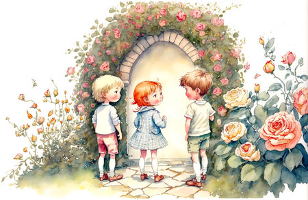 Beautiful three children painting on wall in the garden. Watercolor illustration. AI generated.の素材