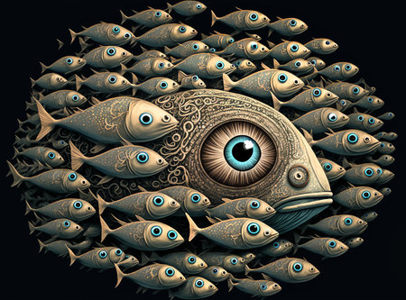 Big fish in the circle of many fishes. Fantasy whimsical digital illustration, generative ai.の素材