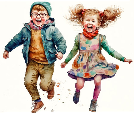 Digital watercolor painting, cute boy and girl, happy kids jumping together, autumn clothes, spring season, isolated on whiteの素材