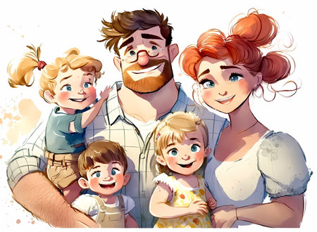 Watercolor painting of happy cartoon family portrait. Father, mother and children. Generative ai.の素材