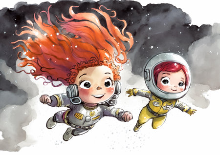 Cartoon children cosmonaut fly in space. Watercolor illustration. Generative ai.の素材