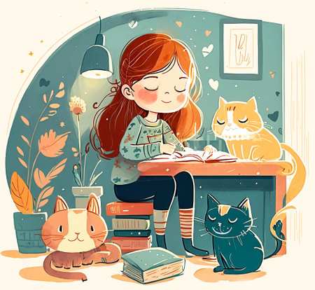 Girl reading a book with her cats. Cartoon illustration of children's room. Generative ai.の素材