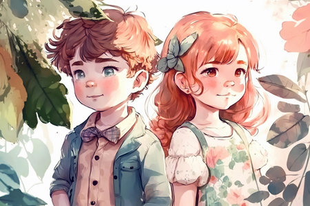 Portrait of cute cartoon little boy and girl in the garden. Watercolor illustration. Generative ai.の素材
