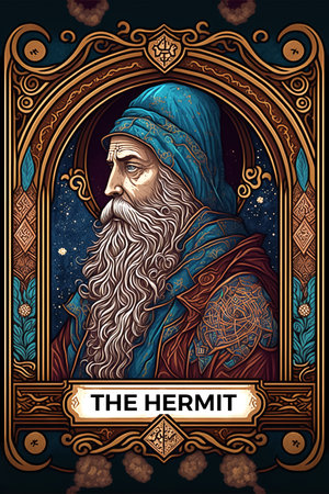 Hermit. Mystical witchcraft Tarot card. Digital printable illustration. Generative ai.の素材