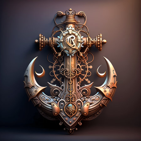 Ornate steampunk anchor, digital illustration. Generative ai.の素材