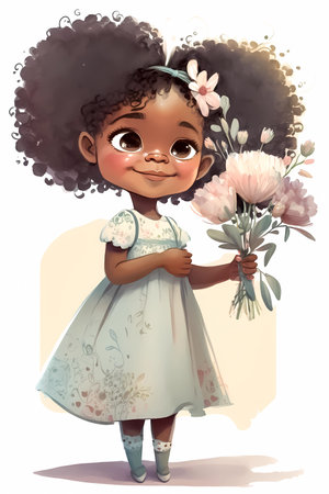 Portrait of happy cartoon African American girl with a bouquet of flowers. Watercolor painting, wall art, nursery art. Generative ai.の素材