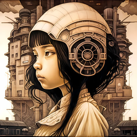 Future little girl with helmet on the background of the city. Abstract digital art. Generative ai.の素材