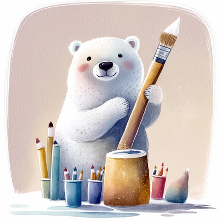 Watercolor illustration of cartoon polar bear with a paintbrush and paints. Generative ai.の素材