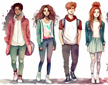 Group of trendy young people. Digital illustration in watercolor style. Generative ai.の素材