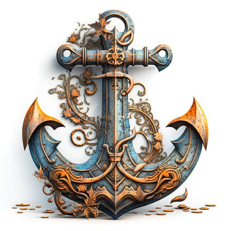Anchor with ornament on white background. Digital illustration in steampunk style. Generative ai.の素材