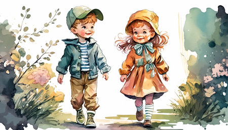 Happy cartoon kids, boy and girl, walking in the park. Watercolor illustration. Generative ai.の素材
