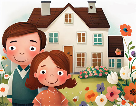Portrait of happy family couple in front of their new house in the garden - watercolor illustration. AI generative.の素材