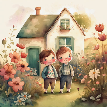Cute two boys standing together in front of the house in the garden. Watercolor illustration. AI generative.の素材