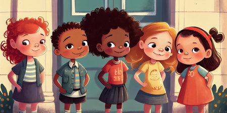 Group of happy smiling schoolgirls standing in front of school building. Children's book illustration. AI generated.の素材