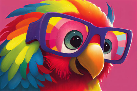 Funny parrot with glasses on pink background. Close-up cartoon illustration, face portrait. AI generated.の素材