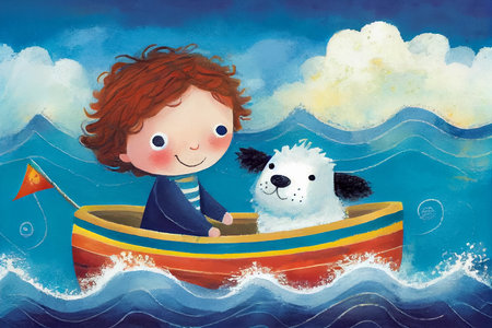 Child sitting with a dog in a boat on the sea. Children's book illustration. AI generated.の素材