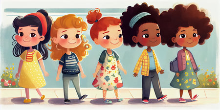 Group of happy little girls walking outdoors on a summer day. Illustration for children's book, cartoon style. AI generated.の素材