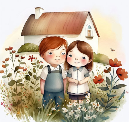Watercolor Illustration of a happy couple in front of the house on a meadow. Portrait of happy family. AI generated.の素材