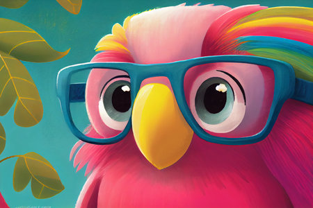 Funny pink parrot with glasses on a green background. Close-up illustration, face portrait. AI generated.の素材