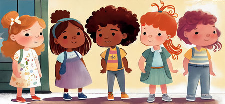 Group of preschooler girls standing in a row in front of school building. Childrens book cartoon illustration. AI generated.の素材