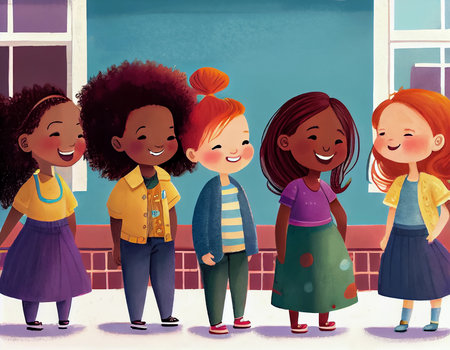 Multinational group of laughing cartoon teen-girls standing outdoors in front of the building, close-up children's book illustration. AI generated.の素材