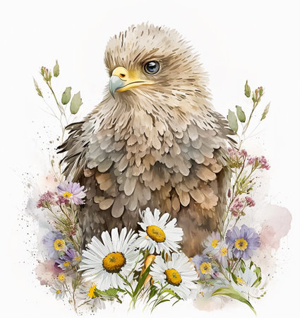 Watercolor drawing of a bald eagle with a bouquet of wild flowers. AI generated.の素材